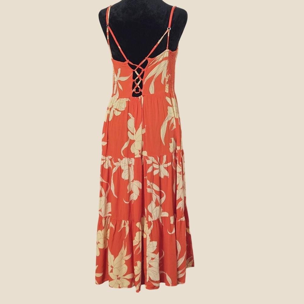 Angie Orange Floral Maxi Dress L Smocked Lace Up Back Boho Resort Vacation - Picture 4 of 5